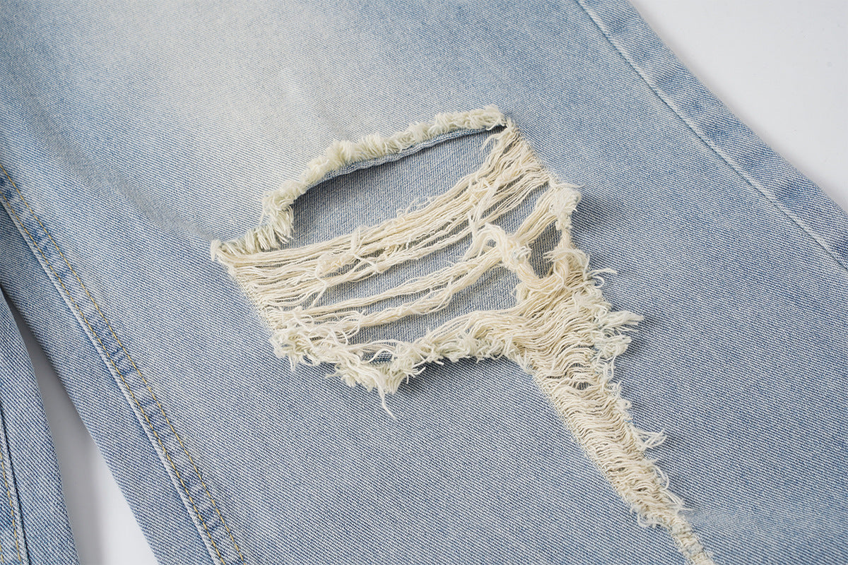 Washed Whisker Damage Wide Leg Denim Jeans WN25532