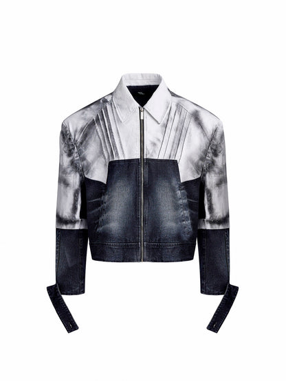 PU Leather Mix Paint Short Denim Jacket & PU Leather Mix Denim Jeans Setup WN20378