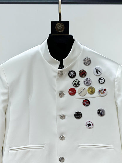 Badge Standing-Collar Short Jacket & Straight Trousers Setup WN23860