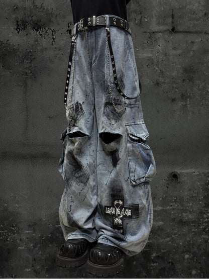 Damage Paint Cargo Wide Leg Denim Jeans & Skull Belt & Belt Chain WN23788