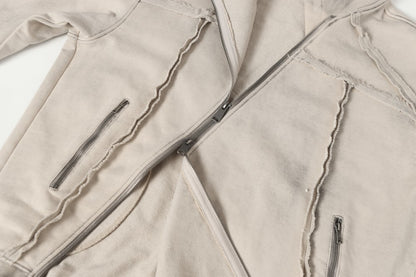 Diagonal Zipper Deconstructed Washed Oversize Hoodie WN27849