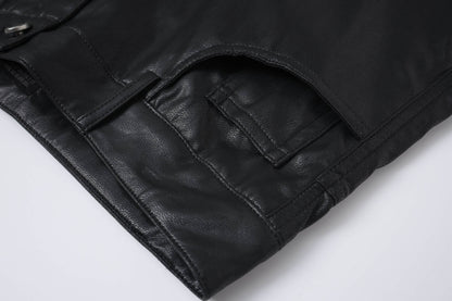 PU Leather Pocket Cropped Wide Leg Cargo Hahf Pants WN25652