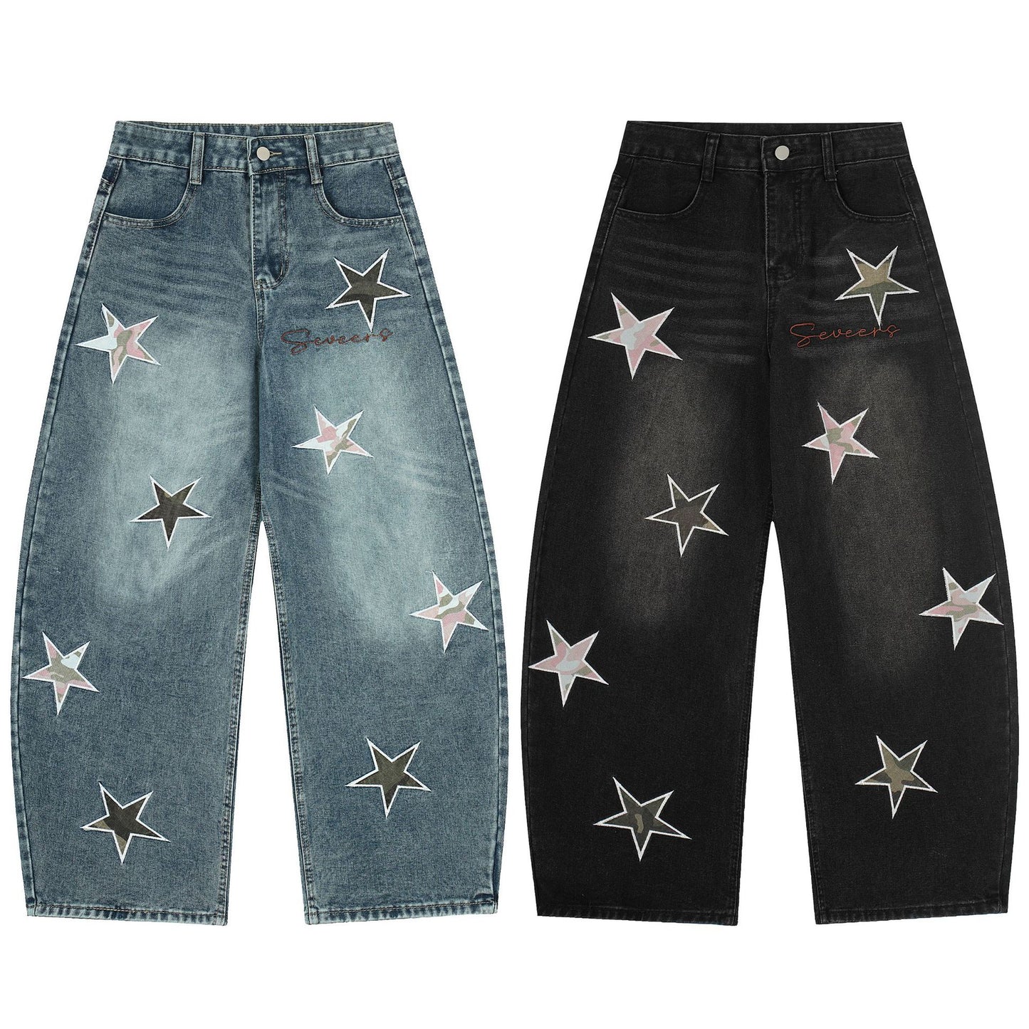 Washed Star Applique Wide Leg Denim Jeans WN25451