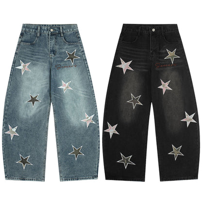 Washed Star Applique Wide Leg Denim Jeans WN25451