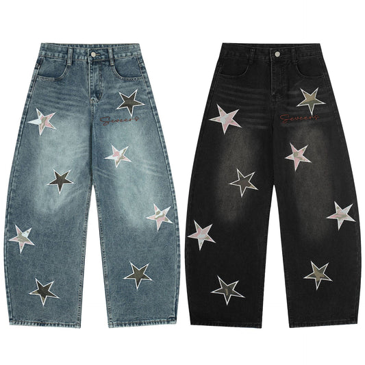 Washed Star Applique Wide Leg Denim Jeans WN25451