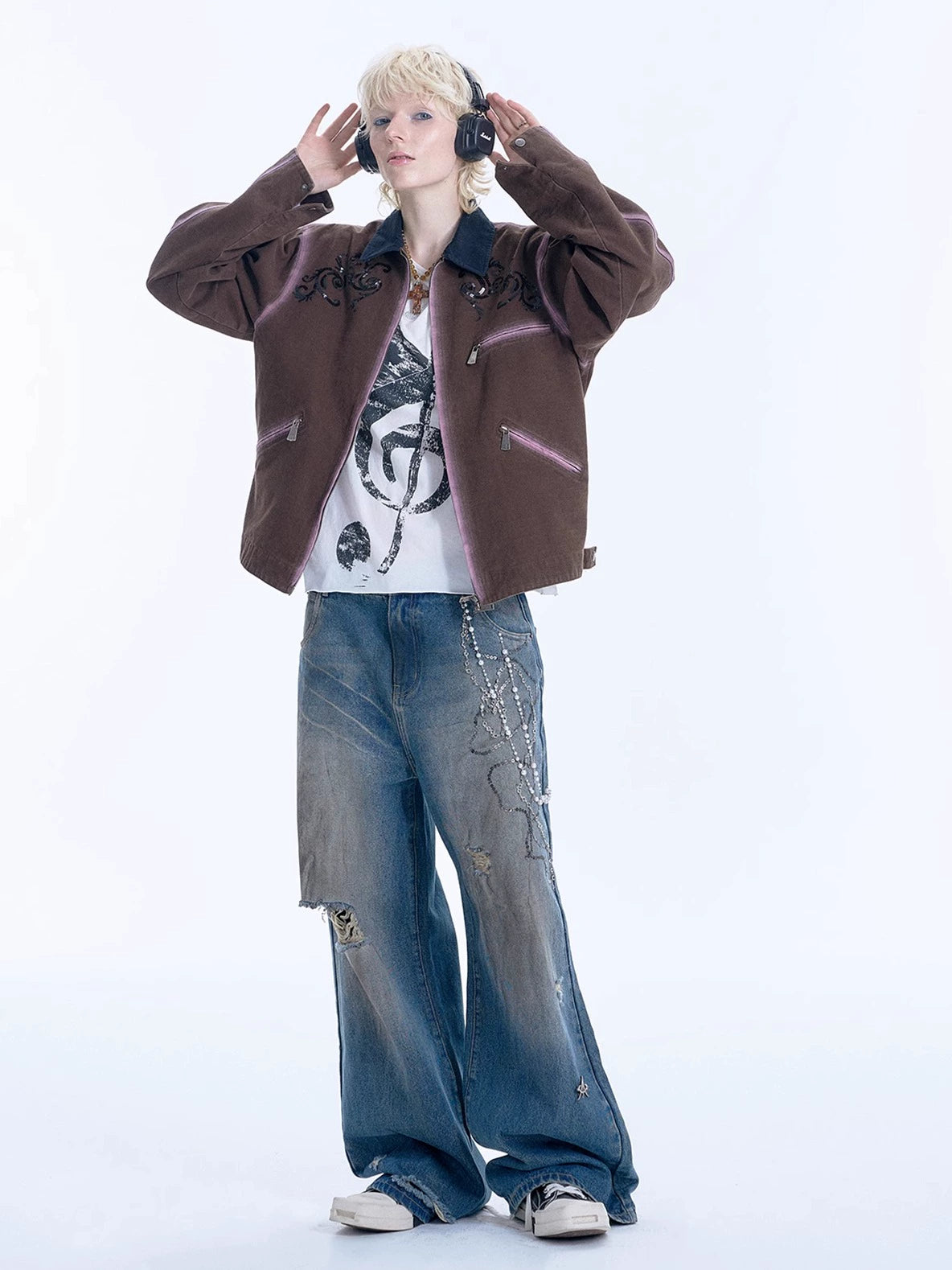 Patchwork Collar Sequin Embroidery Spray Wash Jacket WN18932