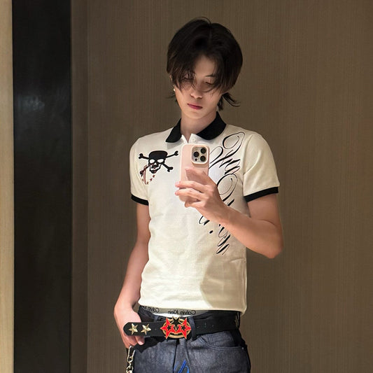 Polo Collar Skull Graphic Print Short Sleeve Shirt WN27172