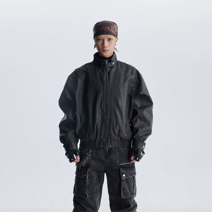 Deconstruction Patchwork Standing-Collar Belt Oversize PU Leather Jacket WN20813