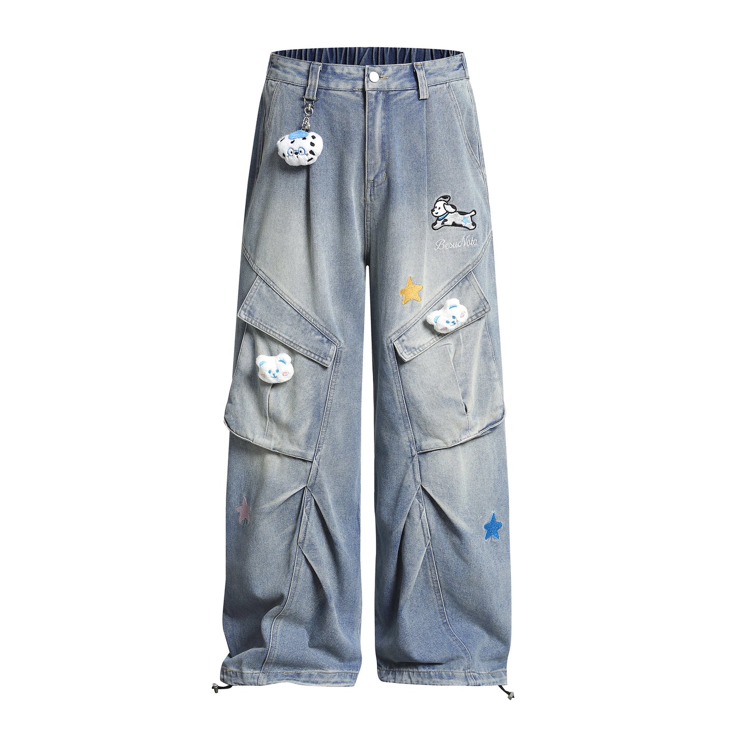 Pleated Dog Embroidery Detachable Dog Charm Wide Leg Denim Jeans WN26803