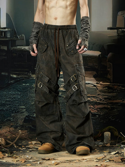 Washed Layered Pleats Multi-Pocket Cargo Pants WN18477