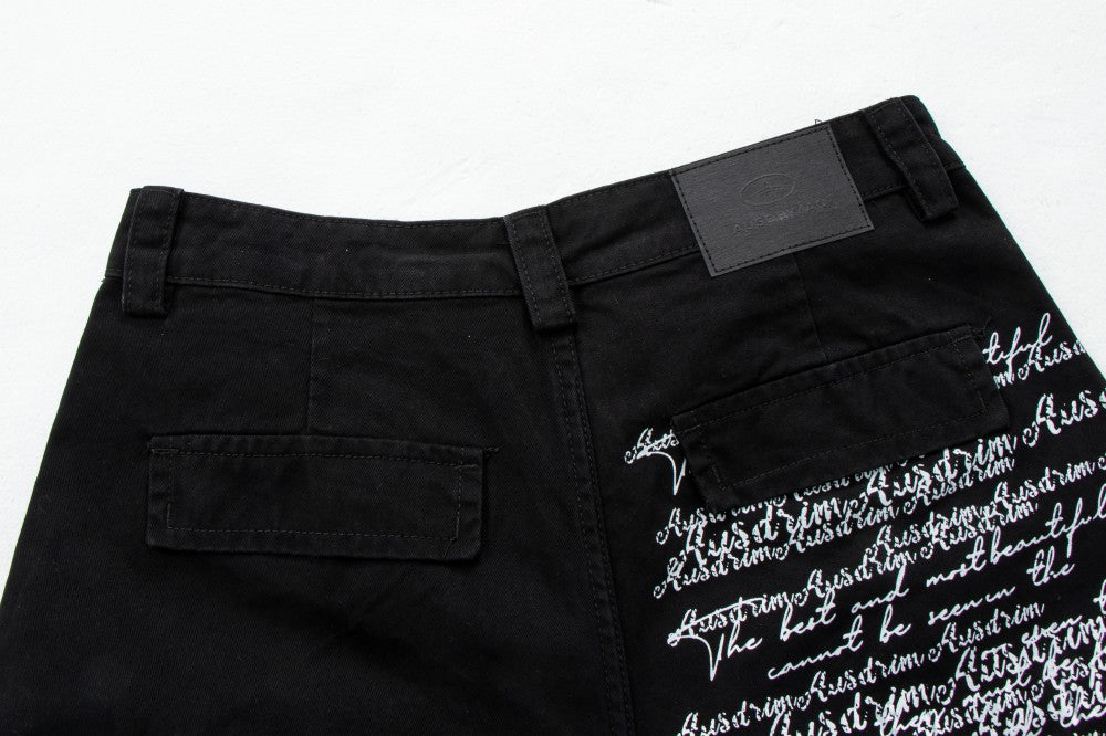 Letter Print Washed Wide Leg Cargo Denim Jeans WN27898