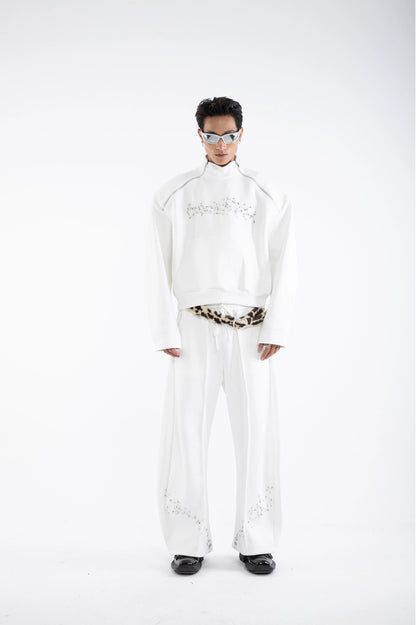 Pin Detail Stand Neck Zipper Sweatshirt &Wide Leg Pants Setup WN20649