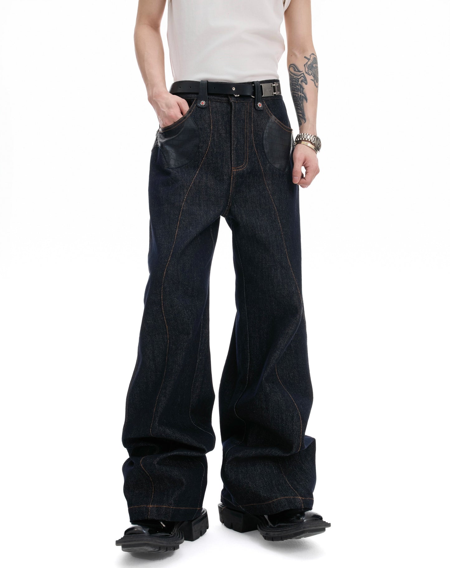 Crocodile Pattern PU Leather Mix Denim Jacket & PU Leather Mix Denim Jeans Setup WN20524