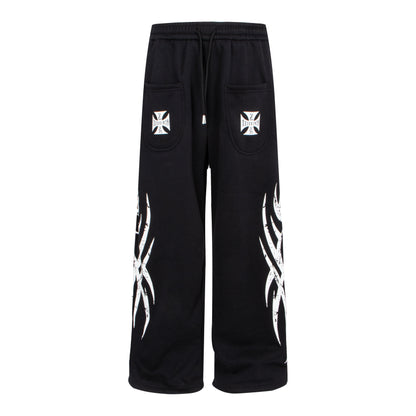 Totem Print Elastic Waist Fleece Lining Straight Sporty Pants WN22885