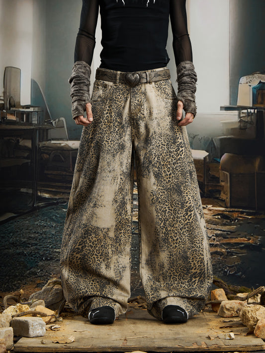Leopard Print Washed Damage Wide Leg Curved Denim Jeans WN22758