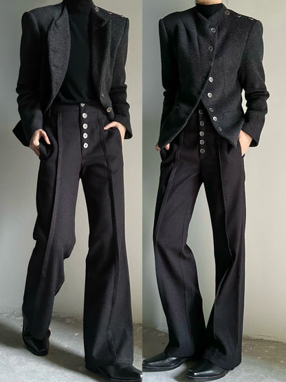 Elastic Waist Button-Front Wool Straight Trousers WN23142