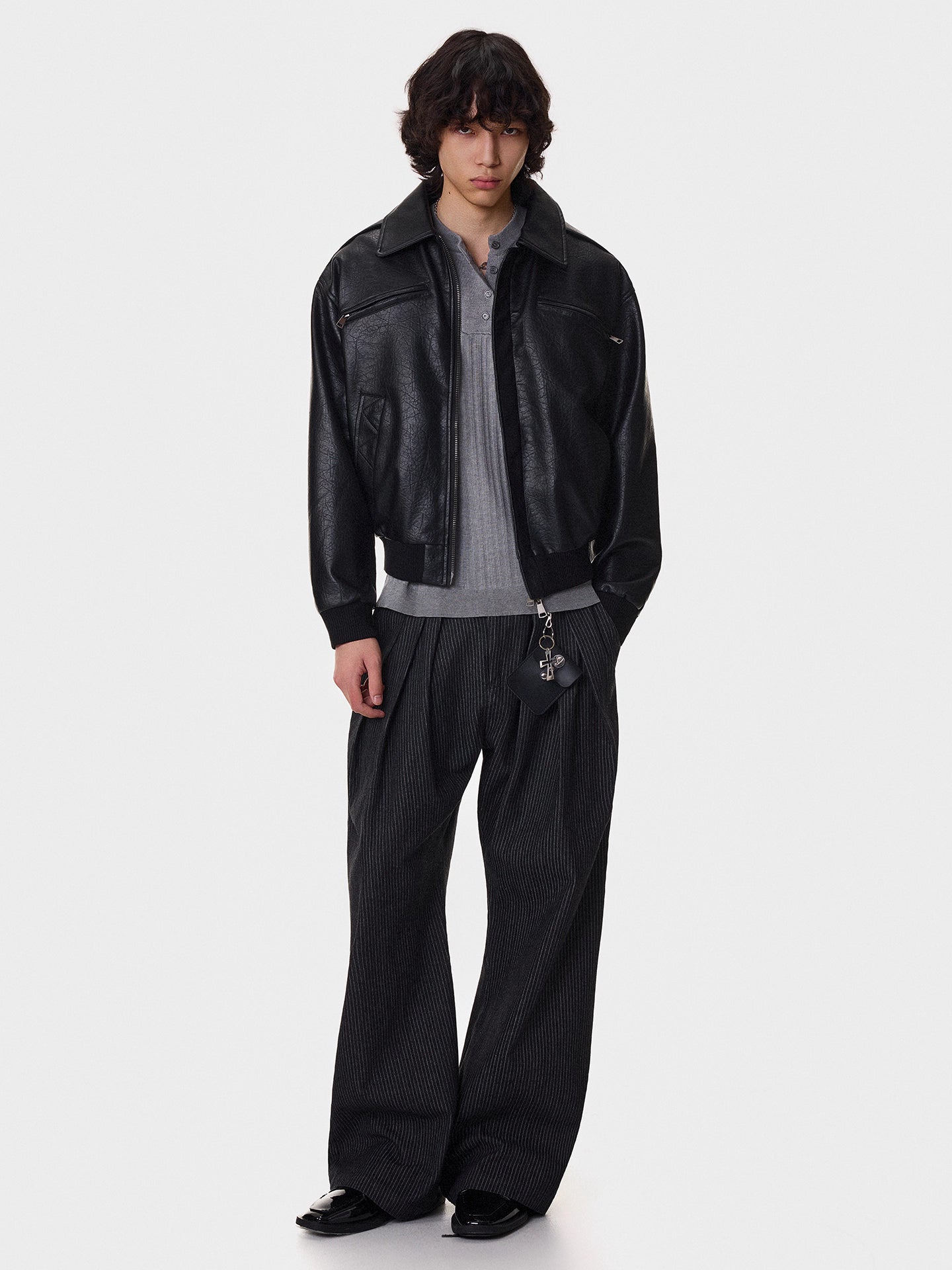 Textured Multi-Pocket Short PU Leather Jacket WN21394