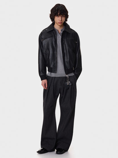 Textured Multi-Pocket Short PU Leather Jacket WN21394