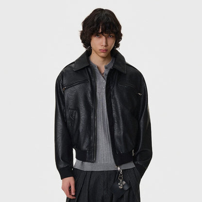 Textured Multi-Pocket Short PU Leather Jacket WN21394