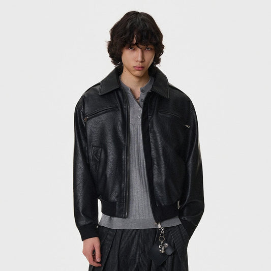 Textured Multi-Pocket Short PU Leather Jacket WN21394