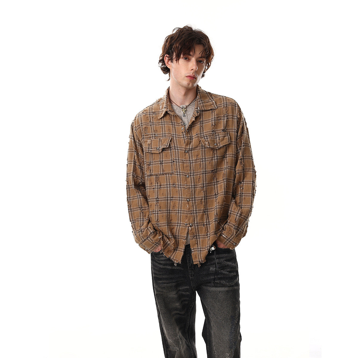 Plaid Damage Wash Long Sleeve Shirt WN25716