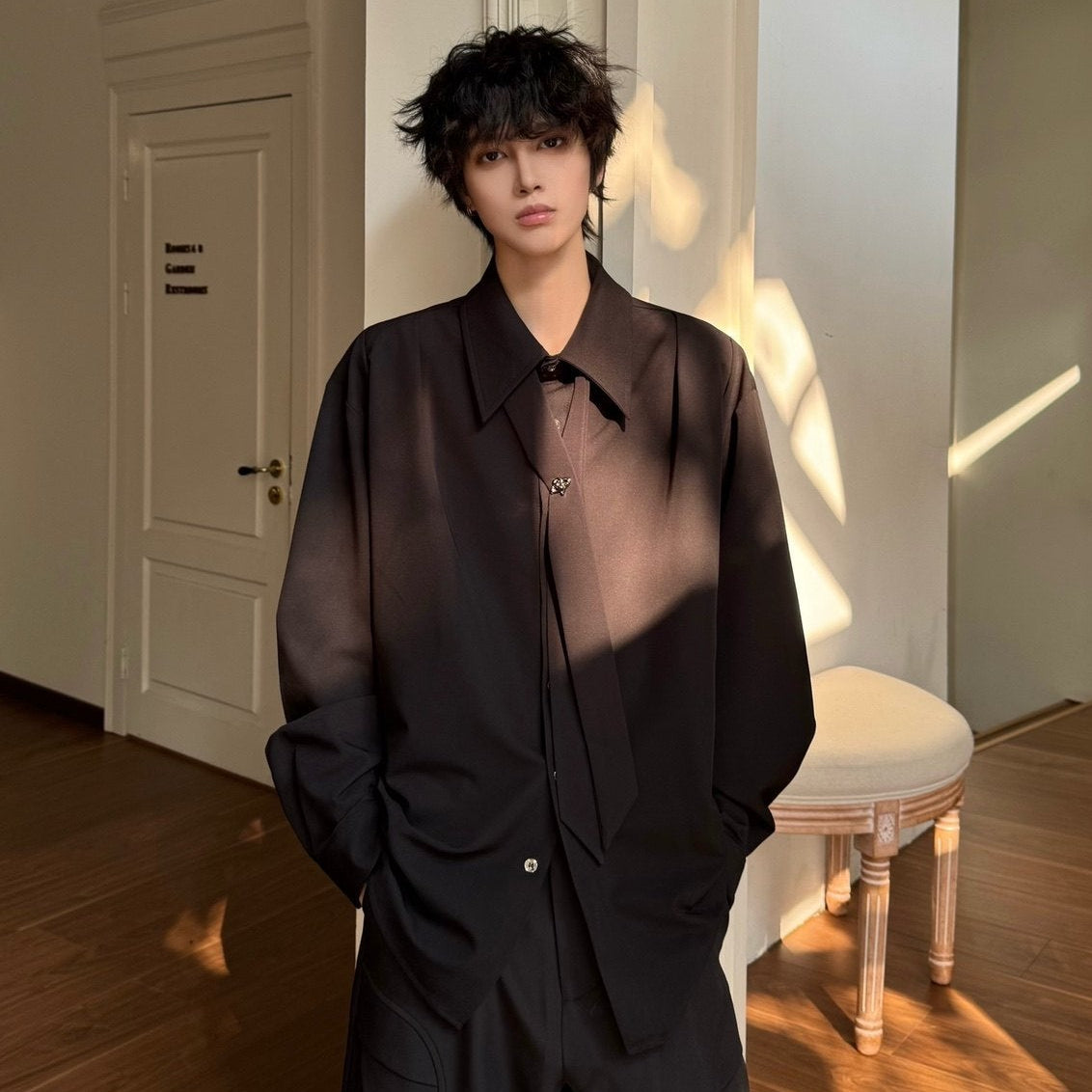 Design Cross Tie Oversize Long Sleeve Shirt WN23174