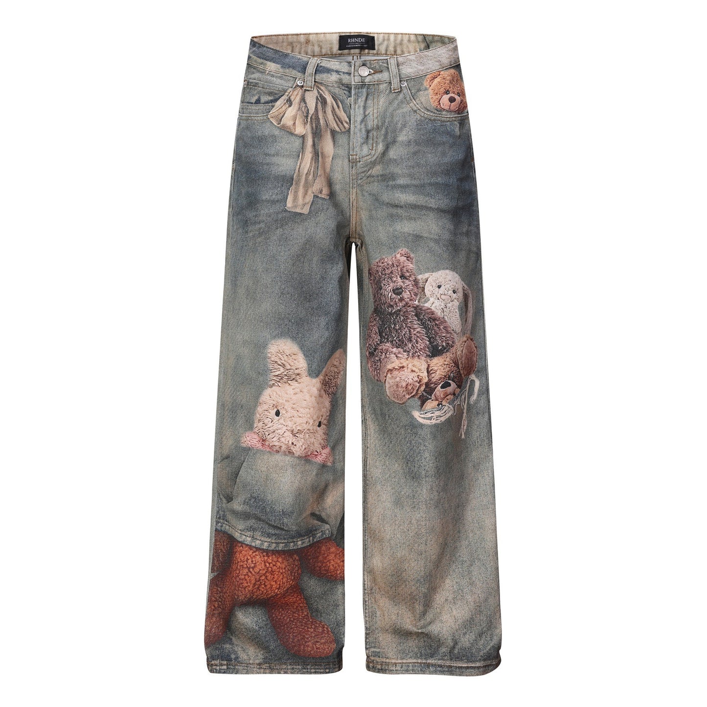 Washed 3D Graphic Print Wide Leg Denim Jeans WN26139