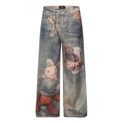 Washed 3D Graphic Print Wide Leg Denim Jeans WN26139