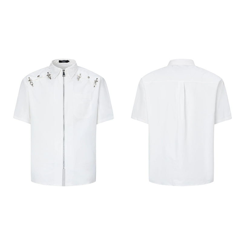 Metal Deconstruction Shoulder-Pad Zipper Short Sleeve Shirt WN20334