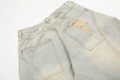 Washed Damage Curved Wide Leg Denim Jeans WN25912
