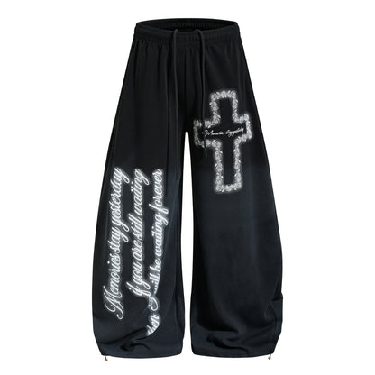 Cross Letter Print Washed Wide Leg Sporty Pants WN24483