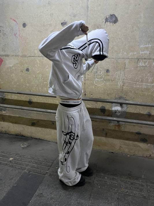 Music Score Embroidery Wide Leg Sporty Sweat Pants WN19053
