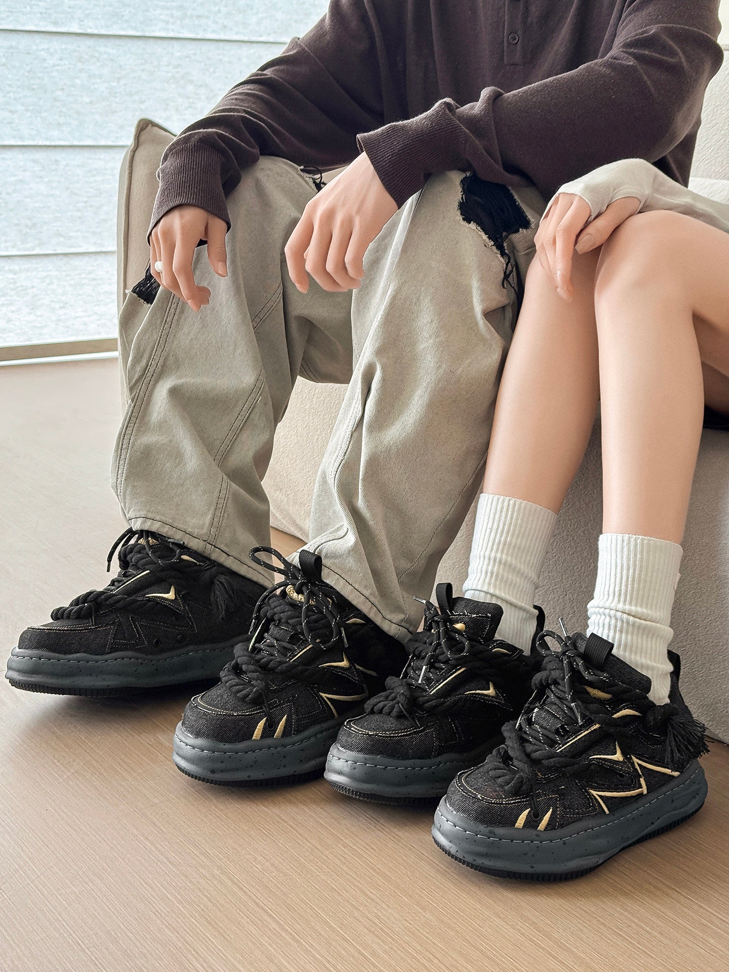Rope Lace Panel Chunky Sole Sneakers WN24512