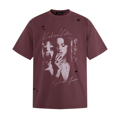 Damage Portrait Print Short Sleeve T-Shirt WN25495