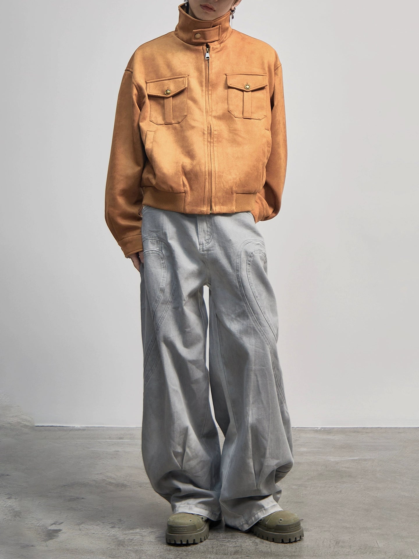 Stand Neck Suede Cargo Long Sleeve Jacket WN21192