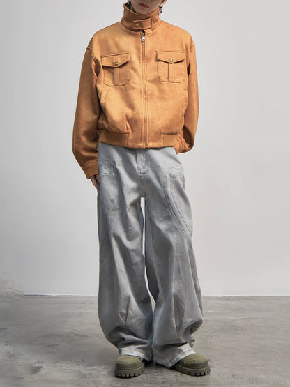 Stand Neck Suede Cargo Long Sleeve Jacket WN21192