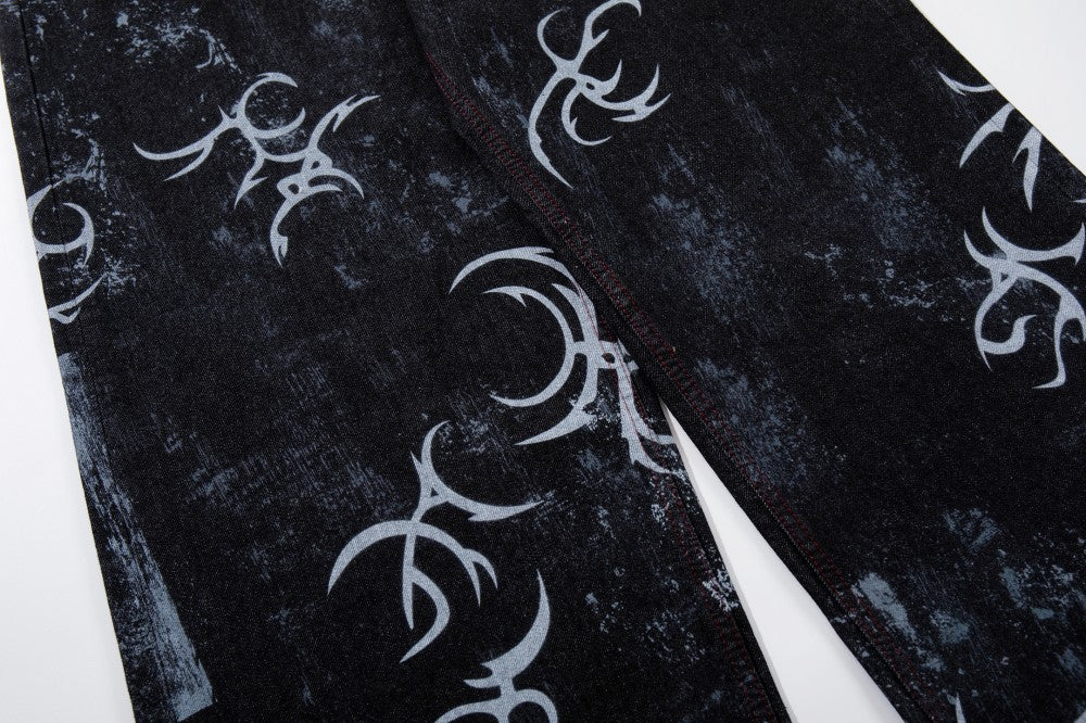 Graffiti Totem Print Wide Leg Denim Jeans WN27881