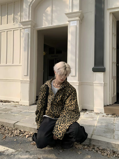 Leopard Print Curved Sleeve Short Zipper Jacket WN19916