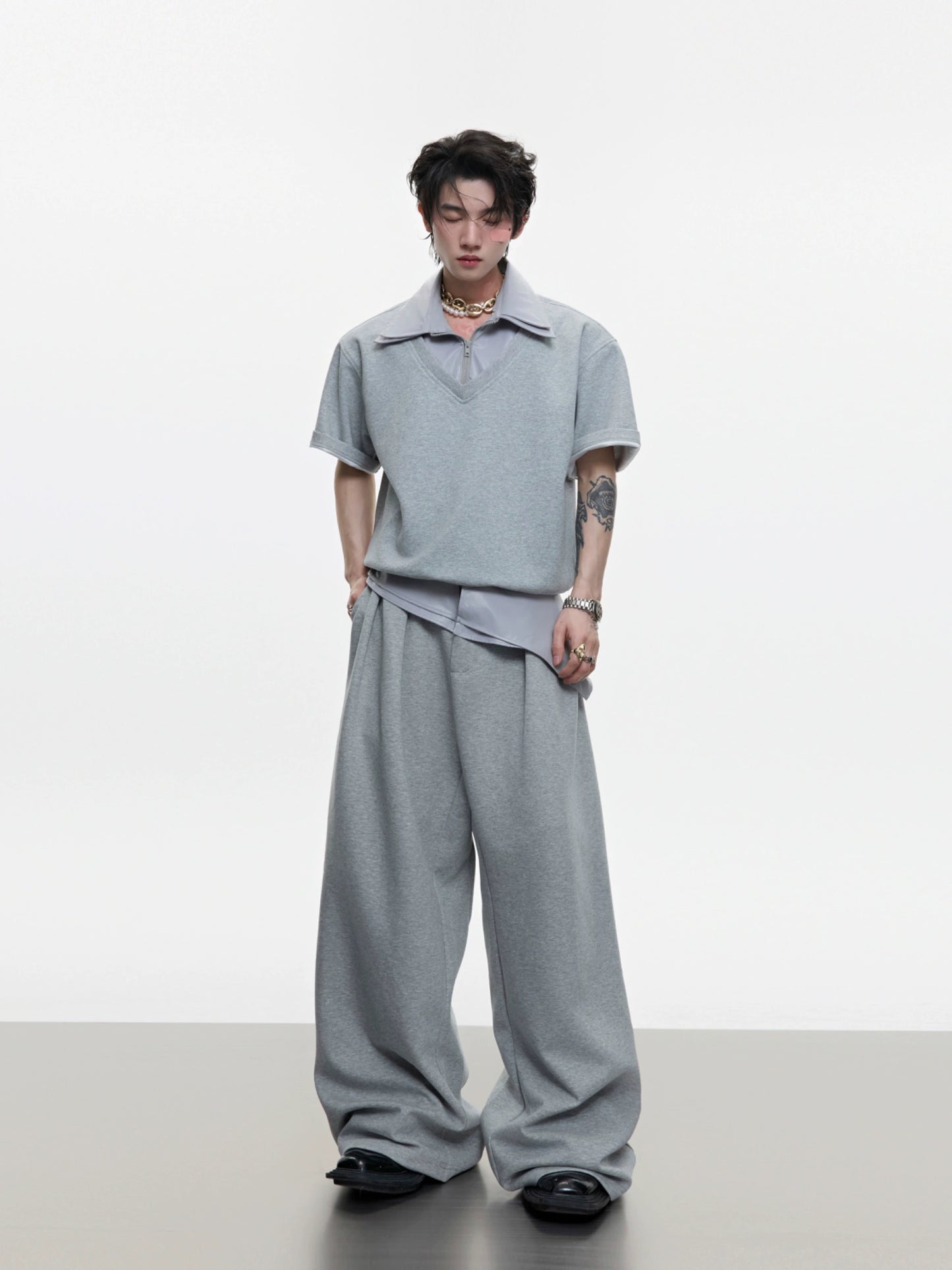 Glossy Double Collar Fake Layered Short Sleeve T-Shirt & Wide Leg Pants Setup WN18371