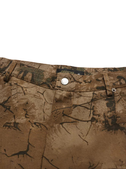 Camouflage Tree Print Cargo Pocket Wide Leg Denim Jeans WN28031