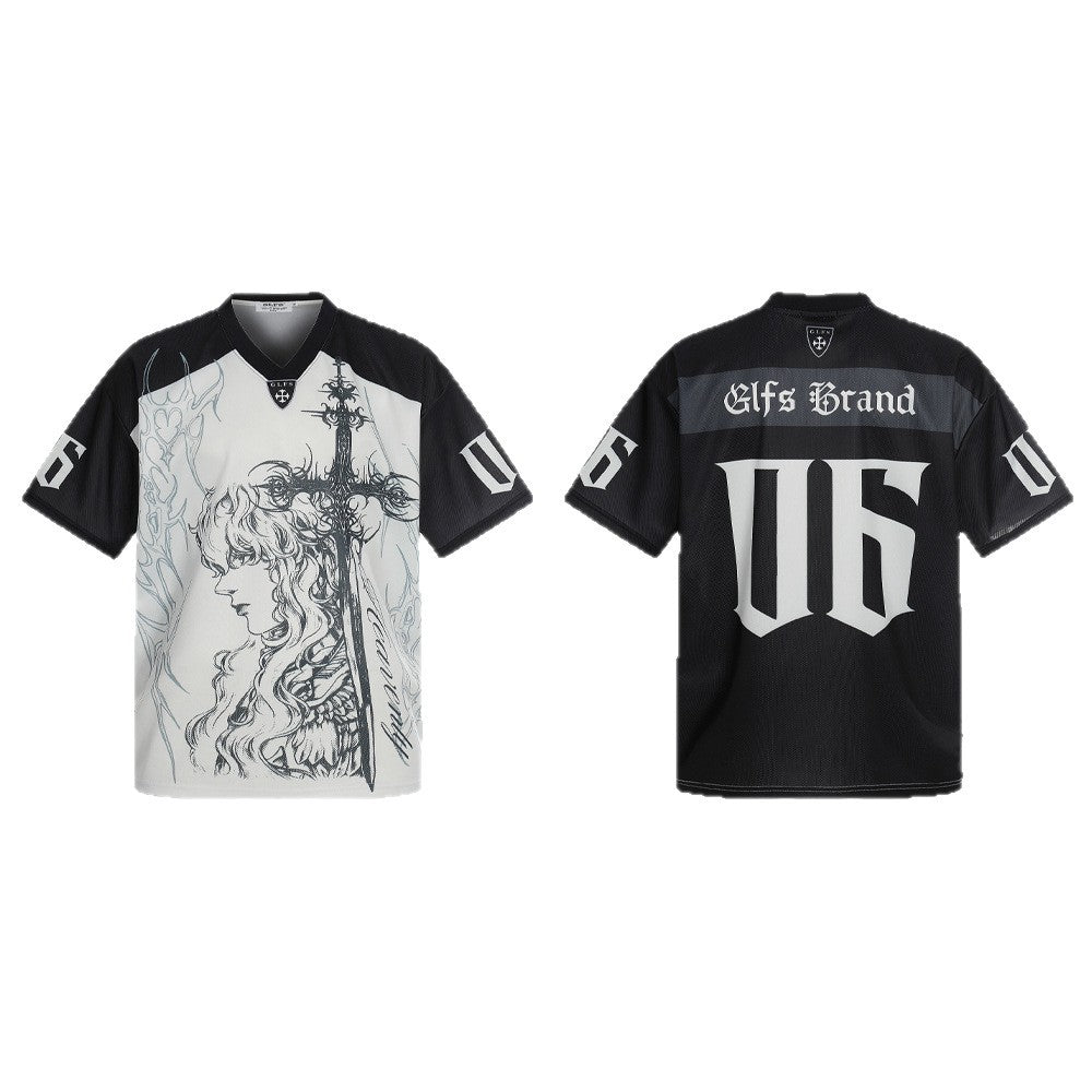 Sporty Illustration Cross V-Neck Short Sleeve T-Shirt WN26472