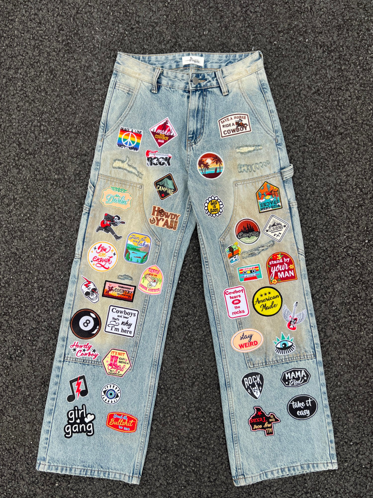 Multi Patch Applique Wide Leg Denim Jeans WN24052