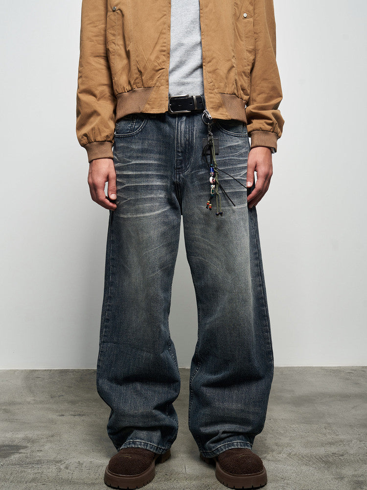 Wash Damage Wide Leg Straight Denim Jeans WN22933