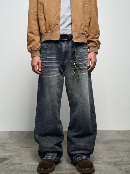 Wash Damage Wide Leg Straight Denim Jeans WN22933