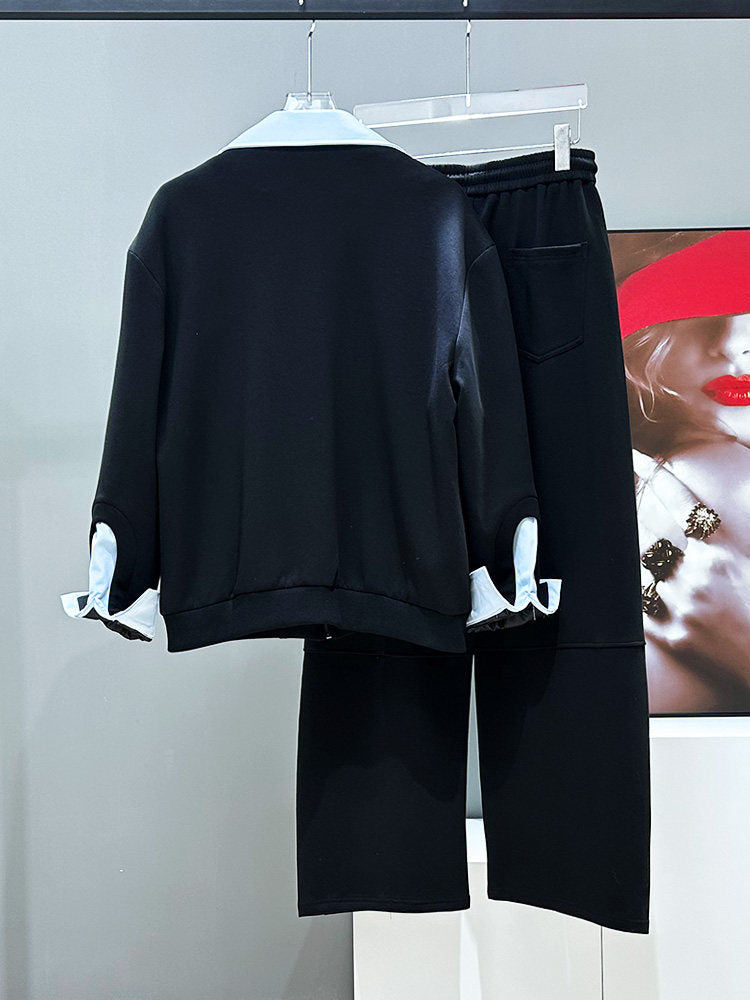 Heavyweight Fake Layered Patchwork Jacket & Wide-Leg Sweatpants Setup WN23959