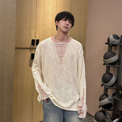 Grunge Deep V-Neck Long Sleeve T-Shirt WN25343