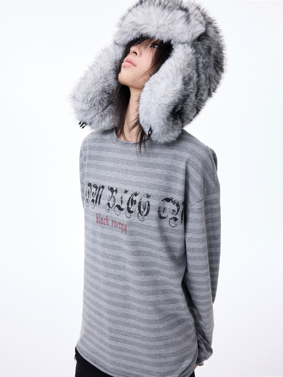 Raw Hem Striped Print Oversize Long Sleeve T-Shirt WN27318