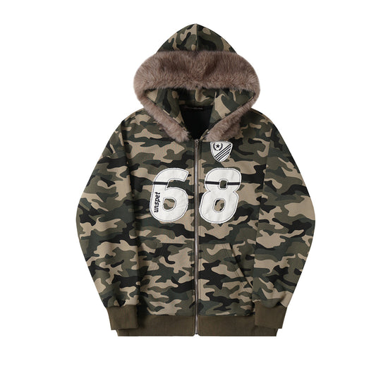 Fake Fur Collar Camouflage Zipper Hoodie WN21879