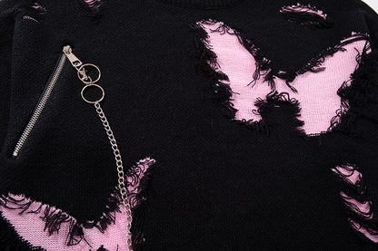 Asymmetric Butterfly Jacquard Chain Detail Knit Sweater WN11513