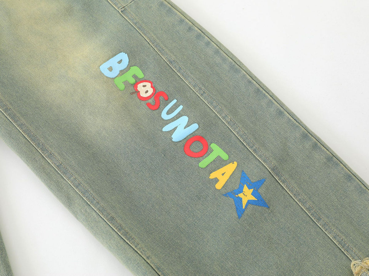 Cartoon Embroidery Wide Leg Denim Jeans WN26969